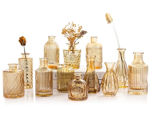 Gold Amber Glass Bud Vases Set of 12, Small Vases for Flowers | Mini Vintage Vases, For Centerpieces, Bud Vase in Bulk, For Wedding Decor, Single Flowers, Office and Home Table Flower Décor - color: Amber-12pcs, size: 12Pcs