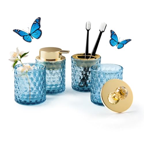 4Pcs Bathroom Accessories Set, Blue Glass Complete | Toothbrush Holder Set, Soap Dispenser, Qtip Holder, Tumbler, Perfect for Bathroom Decor and Vanity - color: Blue