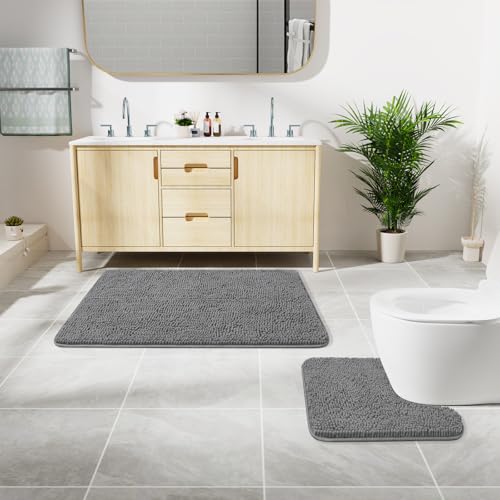LOCHAS Bathroom Rugs Sets 2 Piece, 20''x20'' & 34''x21'', Light Grey | Non Slip U-Shaped Toilet Rug, Chenille Washable Absorbent, Soft Bath Mat Set for Shower, Sink - color: Light Grey