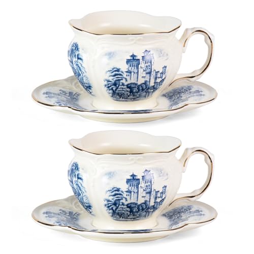 KAMMAK Tea Cups and Saucers Set of 2, 8 oz Porcelain Coffee Cups, SY001 | Stackable Espresso Mugs, Ceramic Demitasse for Coffee, Cappuccino, Latte, Americano, Tea - size: 8CZSY001