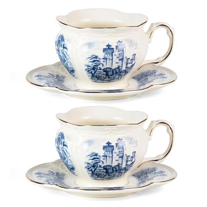 KAMMAK Tea Cups and Saucers Set of 2, 8 oz Porcelain Coffee Cups, SY001 | Stackable Espresso Mugs, Ceramic Demitasse for Coffee, Cappuccino, Latte, Americano, Tea - size: 8CZSY001