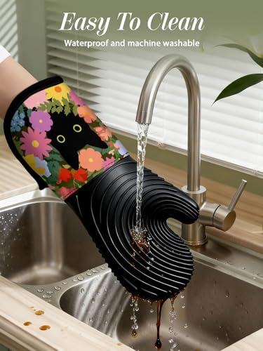 Slohif Long Silicone Oven Mitts Heat Resistant for Women - 2 Pcs Black Cat 100% Cotton Oven Gloves, Non-Slip and Waterproof Silicone Oven Mitts with Hanger for Baking and Cooking - color: Black