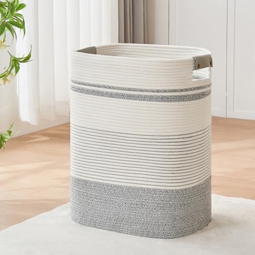 Laundry Hamper, 85L Cotton Rope Laundry Basket, Grey & White | Foldable nursery hamper with leather handles; store blankets, toys, baby clothes and laundry in bedroom or living room - color: Grey & White, size: 85L