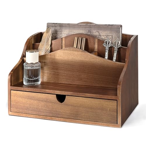 Rebee Vision Acacia Wood Mail Organizer for Desk with Drawer Entryway,Brown | 4-Slot Letter Sorter, Countertop Mail Holder with Dividers, Office Accessories, Desktop Organizer, Apartment Decor Aesthetic - color: B-acacia Wood
