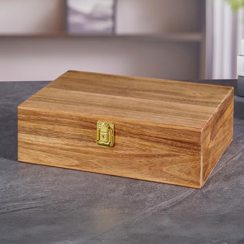 Acacia Wood Keepsake Box - Lockable Memory Box with Keys, Large Storage Box with Hinged Lid for Photos Jewelry Letters Mementos, Rustic Wooden Treasure Chest for Wedding Birthday Graduation