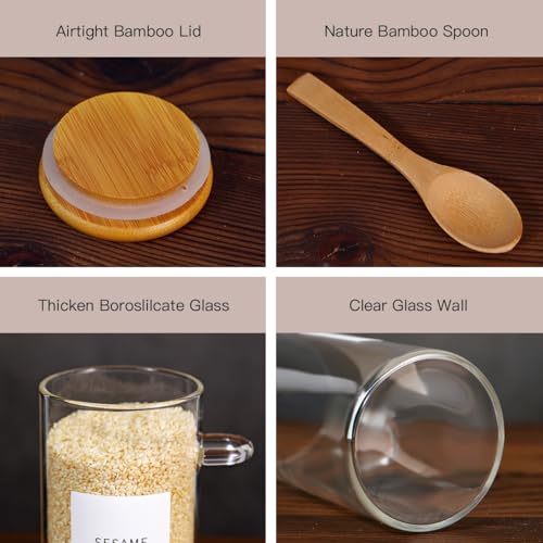 8 Pcs Glass Containers with Bamboo Lids and Spoons - 10 oz Sugar Container with 148 Kitchen Pantry Spice Jar Labels Preprinted - Glass Spice Jars with Wooden Lids Hold Coffee, Tea, Candy, Herbs - color: 10oz