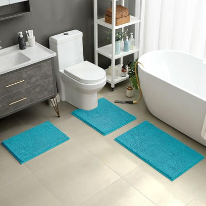 HOMEIDEAS 3 Pieces Bathroom Rugs, Extra Large Ultra Soft Non Slip Absorbent Chenille Toilet Bath Mat Set (Teal Blue) - color: Teal Blue, size: 17"x24"+20"x32"+U Shape 20"x24"