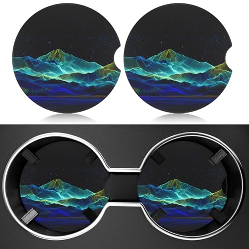 2 Pack Car Cup Holder Coaster, 2.63 inch Anti Slip Insert Absorbent Ceramic Car Coaster with Cork Base and Finger Notch, Cute Car Accessories Interior for Women, Cute Car Coasters. - color: Neon Mountain