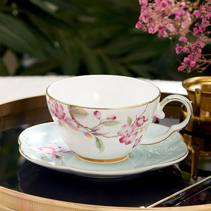KAMMAK Tea Cups Set of 2,Ceramic Floral Pattern Demitasse Cup | Porcelain Espresso Cup with Saucer, 5.41 oz Handmade Elegant Bone China Tea Cups for Latte, Americano, Cappuccino - color: Fragrance in Spring
