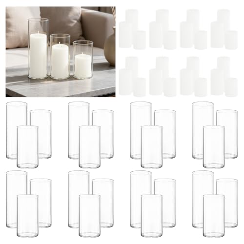 24-Pack White Pillar Candles (2''X3,4,6) & 24-Pack Glass Cylinder Vases(2.6''X5,6,8),Hurricane Candles,Wedding Centerpiece Decor Set-Mixed Heights for Table, Proposal, Event. - color: White, size: 24