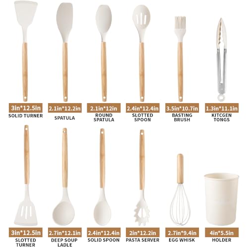 Silicone Cooking Utensils Set, 12Pcs Large Heat Resistant Kitchen Utensils, Turner Tongs, Spatula, Spoon, Wooden Handle Kitchen Gadgets with Holder for Nonstick Cookware, Dishwasher Safe (White) - color: White