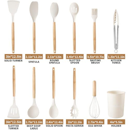 Silicone Cooking Utensils Set, 12Pcs Large Heat Resistant Kitchen Utensils, Turner Tongs, Spatula, Spoon, Wooden Handle Kitchen Gadgets with Holder for Nonstick Cookware, Dishwasher Safe (White) - color: White