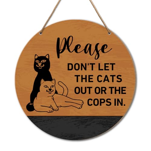 Funny Cat Welcome Sign Decor for Front Door, Don't Let The Cats Out Or The Cops In, Cat Lover Gifts Welcome Wood Hanging Door Sign Decorations for Home Entryway Wall - color: R