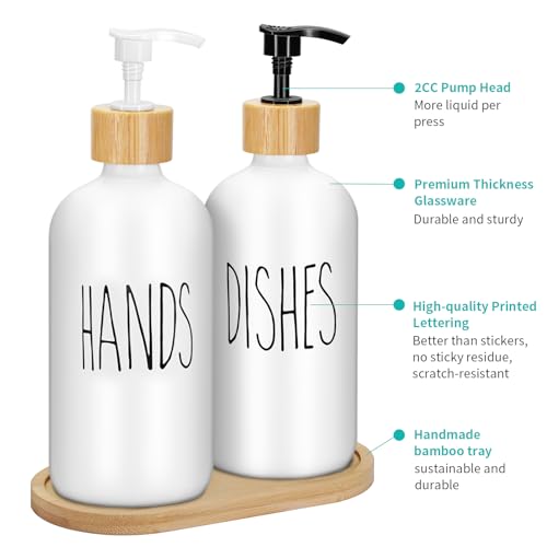 2 Pack 16 Oz Glass Soap Dispenser Set with Tray, Hand Dish Soap Dispenser Set for Bathroom and Kitchen Bottle Dispenser with Dish Soap, Hand Soap, Lotion (White（Hands） White (Dishes)) - color: White（hands）white (Dishes)