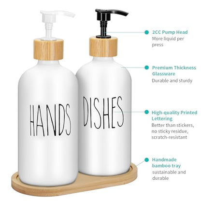 2 Pack 16 Oz Glass Soap Dispenser Set with Tray, Hand Dish Soap Dispenser Set for Bathroom and Kitchen Bottle Dispenser with Dish Soap, Hand Soap, Lotion (White（Hands） White (Dishes)) - color: White（hands）white (Dishes)