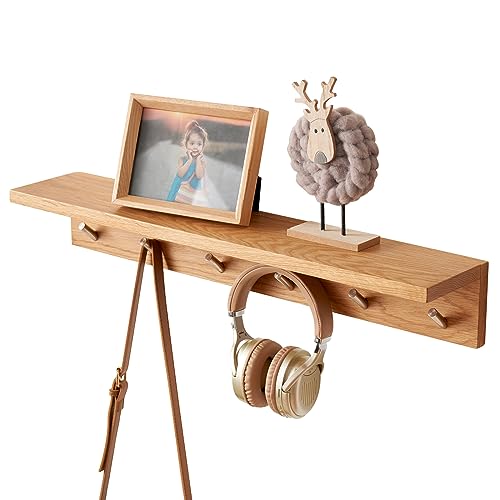 Oak Wood Coat Rack Wall Mount With Shelf 27.5 Inch Long, Entryway Floating Shelf With 6 Hooks for Bathroom, Hallway, Living Room - size: 27.5 Inch