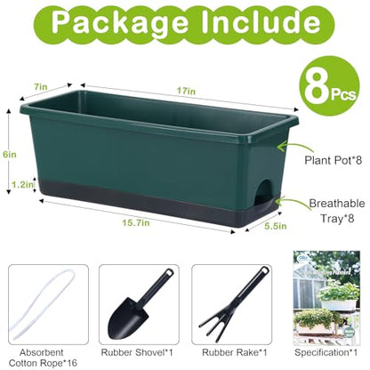 Window Box Planter 8 Pcs, 17 Inches Rectangle Flower Pots with Drainage Holes & Trays, Vegetable Planters for Windowsill Patio Garden Balcony Home Indoor Outdoor (Dark Green, 16 * 7 * 6 inch) - color: Dark Green