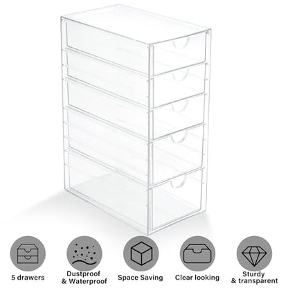 Prsildan Hair Accessories Organizer Acrylic Drawer with 5 Small Drawers | Clear, For Bathroom Vanity Office Desk, Jewelry Makeup Storage - size: 5 Drawers