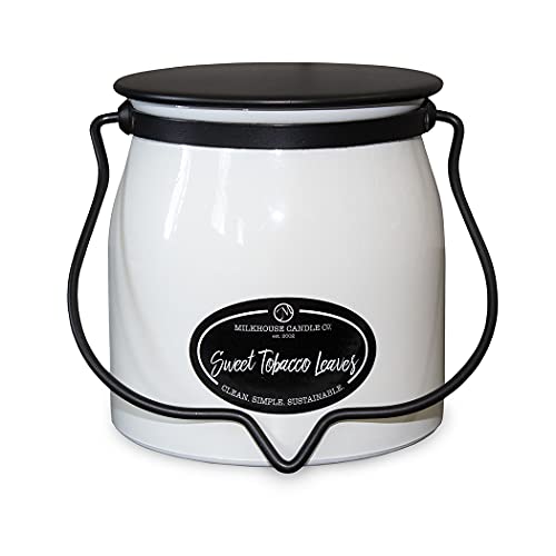 Milkhouse Candle Company Sweet Tobacco Leaves Soy Candle - Honey | Tobacco | Teakwood Scented - 16 oz Butter Jar with Lid, 65+ Hour Burn Time, Made in the USA - size: 16 Oz
