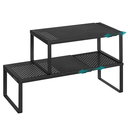 SONGMICS Spice Racks Expandable Kitchen Countertop Shelves, Metal | Set of 2 small cupboard organizers, space-saving tabletop shelves, Matte Black, UKCS402B01 - color: Matte Black, size: Set of 2