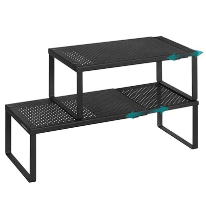 SONGMICS Spice Racks Expandable Kitchen Countertop Shelves, Metal | Set of 2 small cupboard organizers, space-saving tabletop shelves, Matte Black, UKCS402B01 - color: Matte Black, size: Set of 2