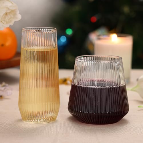 48 Pack Plastic Glasses – 24 x 9oz Stemless Champagne Flutes & 24 x 12oz Stemless Wine Glasses – Elegant Disposable Shatterproof Cup – BPA-Free Drinkware for Weddings, Parties (Clear Ribbed) - color: Clear Ribbed
