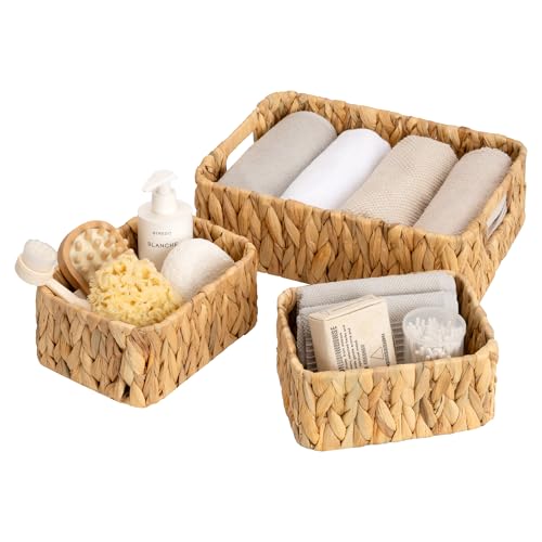GRANNY SAYS Small Wicker Baskets for Shelves, Water Hyacinth Storage Basket | Small Woven Storage Baskets for Shelf, Rattan Basket for Organizing, Wicker Basket Set, 3-Pack Small Baskets - color: Natural(Water Hyacinth), size: 13"L x 9"W x 4"H + 2x 7¾"L x
