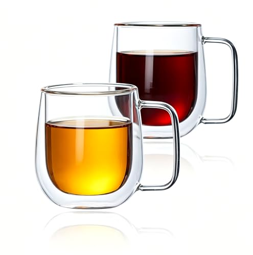 Double Wall Glass Mugs Set of 2, 9 oz Borosilicate Glass Coffee Cups with Handle, Insulated Clear Espresso Glasses for Hot and Cold Drinks, Heat Resistant Tea Latte Cappuccino Mugs, Dishwasher Safe