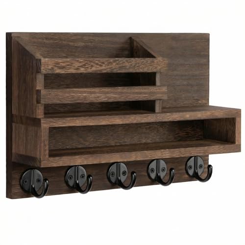Key Rack Wall Mount - Mail Organizer with 5 Key Hooks, Paulownia Wood, 11.8x7.1 Inch, Apartment Wall Decor, Includes Mounting Accessories (Brown) - color: Brown