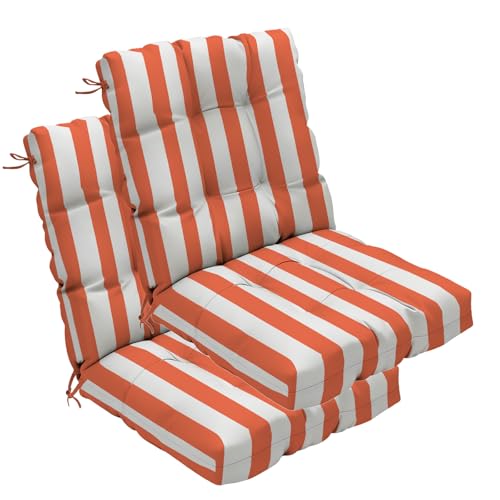 Outdoor Chair Cushions 42x21x4 Inch Set of 2, Orange Stripe | Patio Cushions for Dining Rocking Chairs, High Back Soft Seat Pad with Ties, Waterproof Fade Resistant, Indoor Outside Use - color: Orange White Stripes