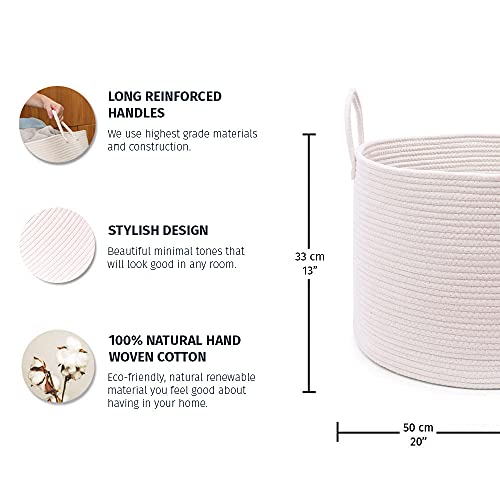 OrganiHaus Round Toy Basket & Blanket Basket, Cotton Rope 20x13" | Full Off-White - Round Cotton Rope Basket, 20x13" - color: Full Off-White, size: Wide