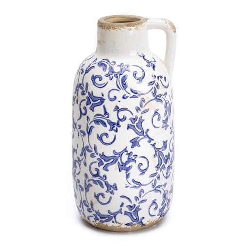 VICTOR & TERESA Blue and White Ceramic Vase for Flowers, Rustic Vase Home Decor for Pampas Grass, Farmhouse Decorative Vases for Mantel, Living Room, Shelf, Centerpieces, 7'', Gifts for Mom - size: Medium