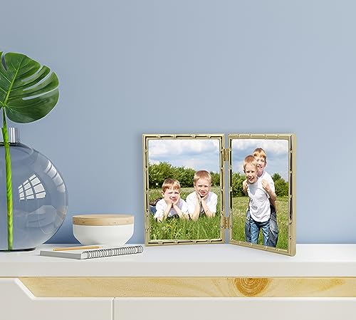YiPinYin 4x6'' Bamboo Detail Double Photo Frames, Gold Metal Picture 6x4'' Double, Elegant Gold Thin Edge Photo Frames 4 x 6'' With Soft Touch Velvet Backing and Real Glass for Desktop - color: Gold, size: 4x6Inch Double