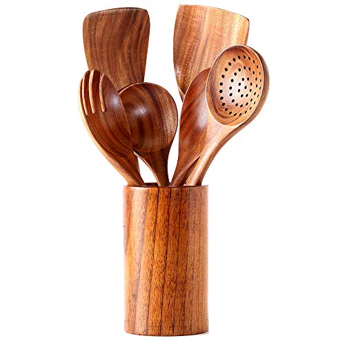 Kitchen Utensils Set, NAYAHOSE Wooden spoons for Cooking Non-stick Pan Kitchen Tool Wooden Cooking Spoons and Wooden utensil storage wooden barrel - size: 7Pcs Set