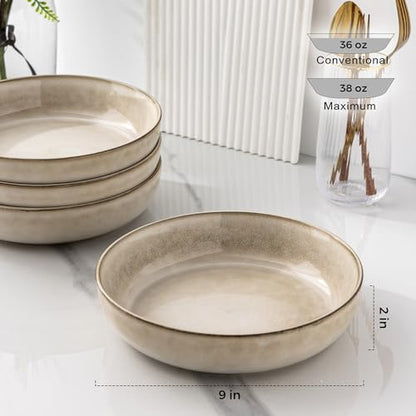 GBhome 8.75'' Large Ceramic Pasta Bowls, 38oz Stoneware Pasta Serving Bowls Set of 4 for Kitchen, Wide Bowls for Fruit,Pasta,Salad,Oatmeal,Meal, Microwave Safe, Reactive Glaze-Cappuccino - color: Cappuccino