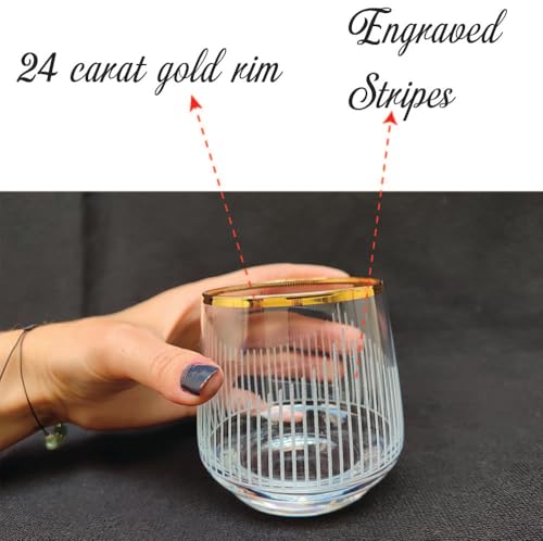 Gold Rim Cocktail Wine Whiskey Drinking Glasses Set of 6 Glassware Rimmed Trim Crystal Cups Juice Water Drinkware Drinks Bar Fancy Party Wedding Vertical Striped - color: Gold 2