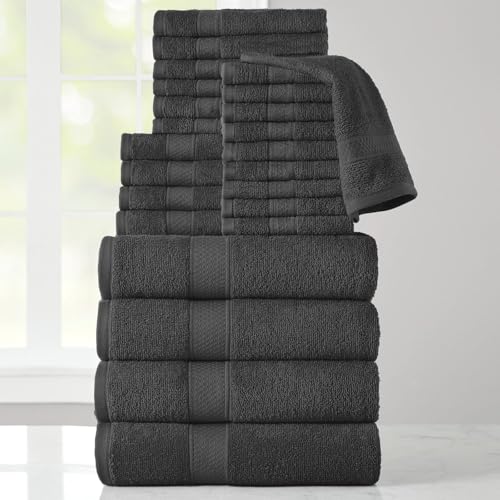24-Piece Set of Towels, Lightweight 380 GSM Cotton Towels, Quick Drying, Absorbent Hand Towels, Fingertip Towels, Bath Towels, & Washcloths, Black - color: Black