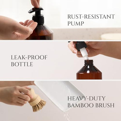 FINESSY 500ml Bathroom and Kitchen Soap Dispenser Set with Tray and Brush | BPA Free PET Plastic Amber Soap Dispensers, Not Breakable Glass. Marble-Look Tray, 18 Waterproof Labels, Pumps, Funnel, Brush - color: Luxe Amber