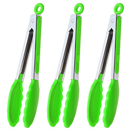 HINMAY Silicone Tongs 9" Stainless Steel Kitchen Tongs, Set of 3 (Green) - color: Green