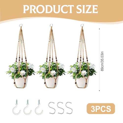3Pcs Macrame Plant Hangers Indoor 35Inch Brown Hemp Rope Plant Hanger Hanging Plant Holders Hanging Planter Basket Flower Pot Holder with S Hooks and Hook Nails, Crochet Home Decor Plant Hanger