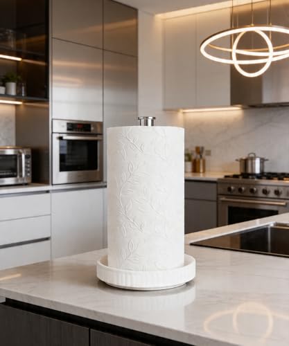Paper Towel Holder, Ceramic Heavy Plate Base Wobble-Free, Roll Stand-Silver | Effortless Cleaning and Easy to Assemble, Super Large for Triple Rolls, High End Looking as a Good Gift for Kitchen Island - color: Silver