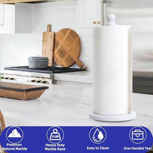 Premium White Marble Paper Towel Holder for Kitchen Countertop, Heavy Duty Freestanding Paper Towel Stand with 3 Lbs Weighted Base for One-Handed Tearing, Non-Slip, Fits Standard & Large Jumbo Rolls - color: Pure White