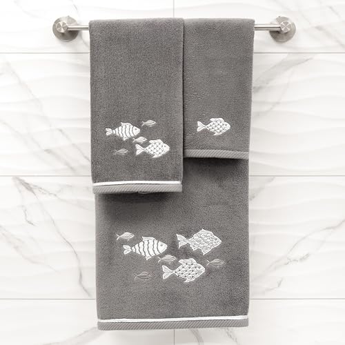 Treasure 4-Piece Premium Towel Set, Sparkling Applique Fish, Ultra Plush Turkish Cotton, Durable, Perfect for Bathroom, 2 Bath 2 Hand Towels, Charcoal - color: Charcoal, size: 2 Pcs Bath 2 Pcs Hand Towel