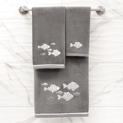 Treasure 4-Piece Premium Towel Set, Sparkling Applique Fish, Ultra Plush Turkish Cotton, Durable, Perfect for Bathroom, 2 Bath 2 Hand Towels, Charcoal - color: Charcoal, size: 2 Pcs Bath 2 Pcs Hand Towel