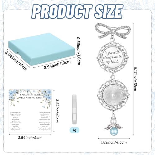 Wedding Bouquet Photo Charms Set Bridal Bouquet Charm with Blue Tone Box and Card Something Blue for Bride Memorial DIY Pin with Angel Memory Charm for Bridal Shower Gift