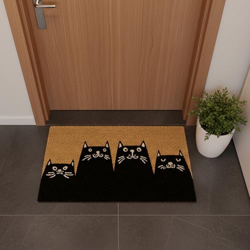 Fisura – Doormat for Outdoor Entrance with Cats Design, Welcome Mat for Front Door Made of Coconut Fiber with Non-Slip PVC Base, Hand-Painted, 30 x 18 Inches. | Doormat with non-slip PVC backing. Black interior doormat. Entrance rug with fun shape. 60 x 4