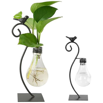 Hydroponic Vase, Retro Tabletop Plant Propagation with Metal Holder, Air Planter Plastic Bulb Vase for Home Garden Office Decoration
