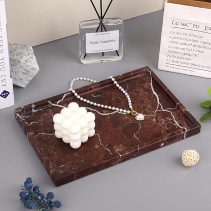Marble Bathroom Vanity Tray, Rosso Lepanto, 12" x 8" x 0.8" | Home Kitchen Bathroom Tray, Natural Stone Decorative Countertop Trays, Soap Dispenser Perfume Key Trinket Ring Tray - color: Rosso Lepanto