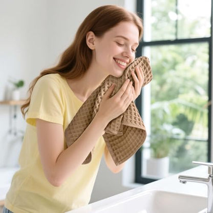 Waffle Bathroom Hand Towels 2-Piece (Tan) – Cotton, Soft, Lightweight | Lint Free, 13” x 29” - color: Tan