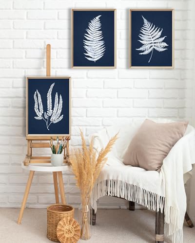 UPWOIGH Navy Blue Fern Framed Wall Art, 12 x 16 Inch, Set of 3 | White Fern Leaf Prints, Navy Blue Background, Minimalist Botanical Design, Light Wood Frames for Bedroom, Office and Hallway - color: Blue Plant MDF